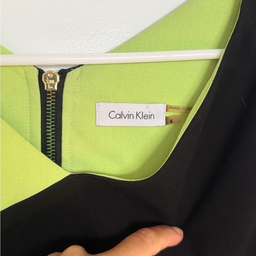 Calvin Klein Black Dress with Lime Green Interior and Gold Zipper